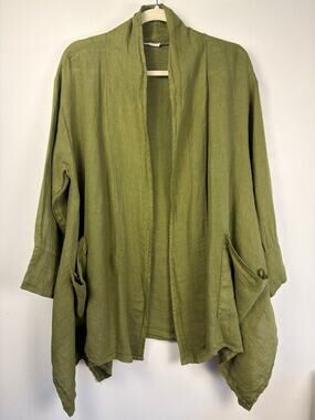 Made in Italy 100% Linen Open Front Cardigan Jacket Olive Green Lagenlook | OS